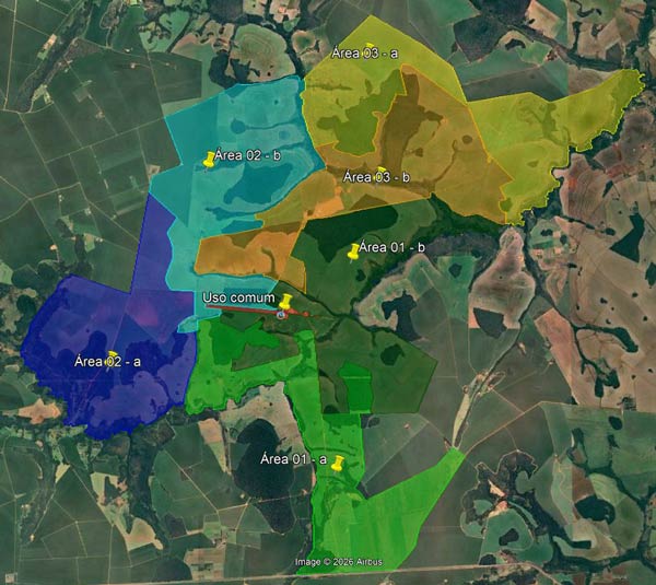 Mapa de satélite de fazenda com estudo de divisão em seis áreas coloridas e área de uso comum destacada